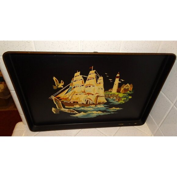 Tin Tray Sailing Ship Lighthouse Hand Painted Black Vintage Tole Style Rectangle - Picture 3 of 11